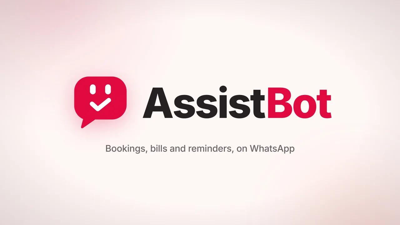AssistBot logo with the line: bookings, bills and reminders, on WhatsApp