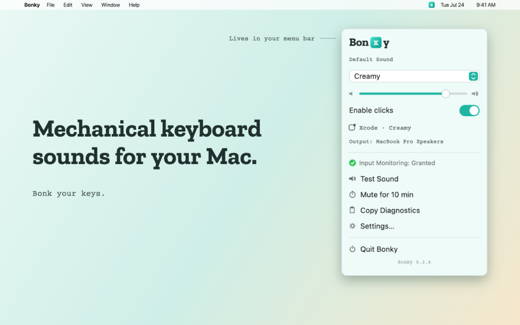 Bonky lives in your menu bar - Mechanical keyboard sounds for your Mac