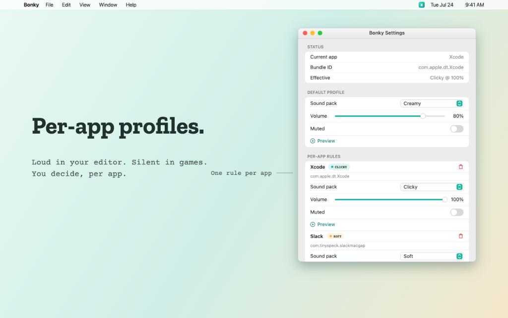 Per-app profiles - Loud in your editor, silent in games