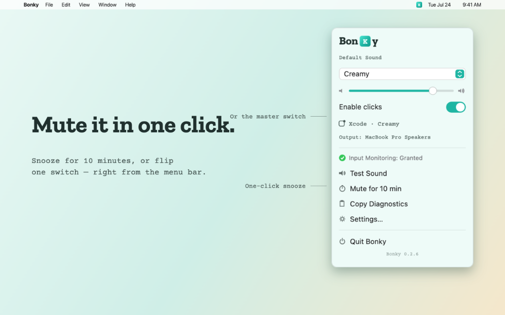 Mute it in one click - 10 minute snooze and master toggle
