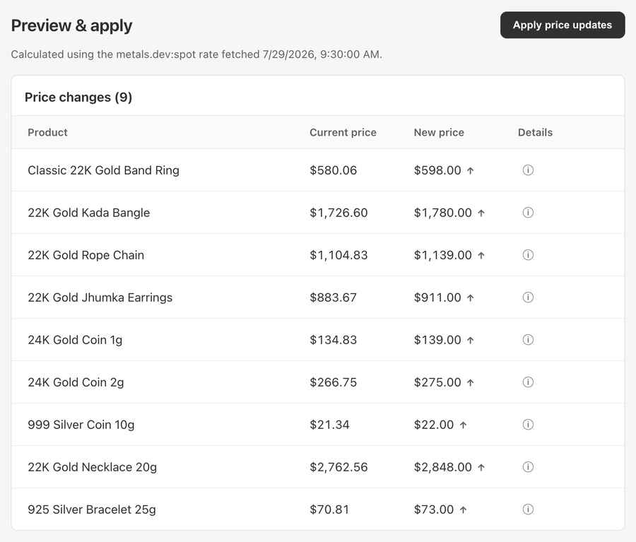 Preview screen listing nine products with current and new prices