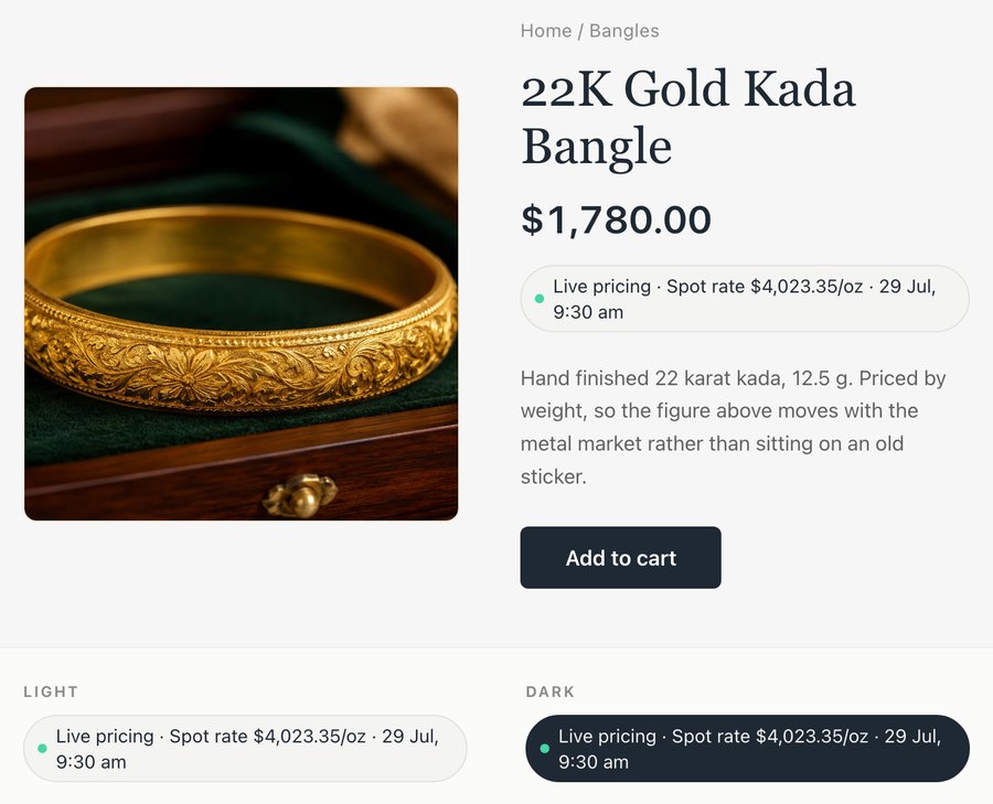 Product page with the compact live rate badge, shown light and dark