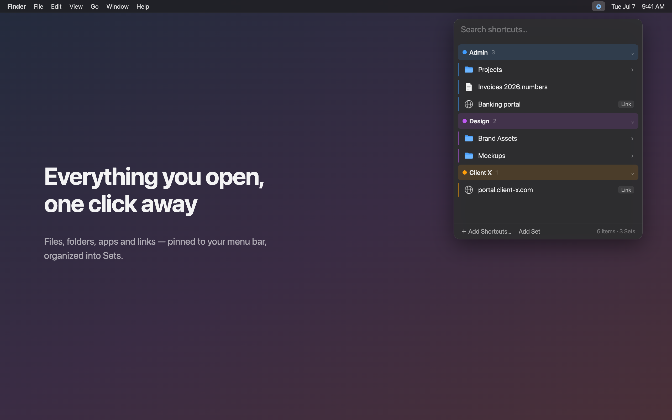 Instant shortcut access — organized into Sets on macOS & Windows