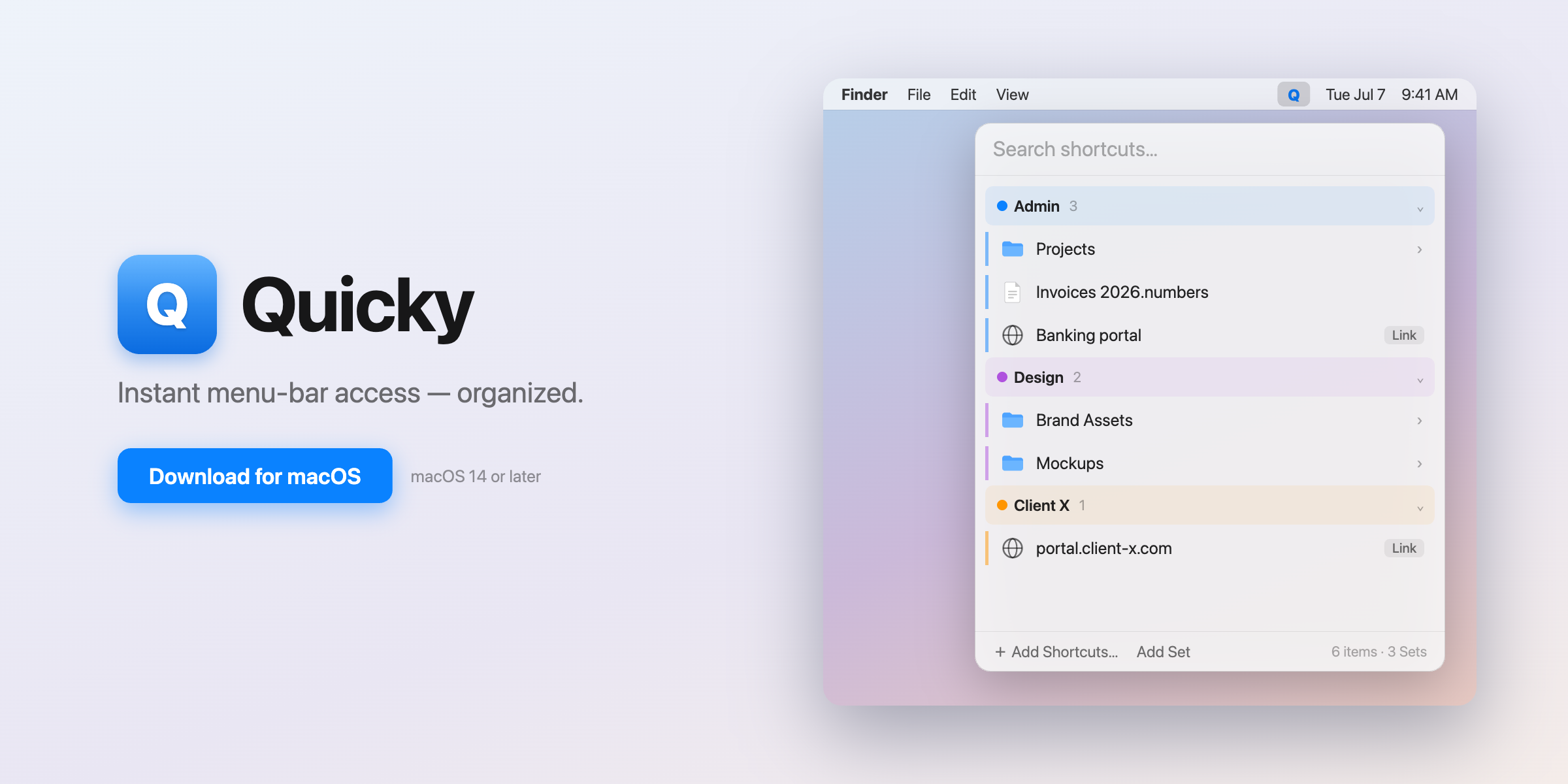 Quicky shortcut launcher open on a desktop