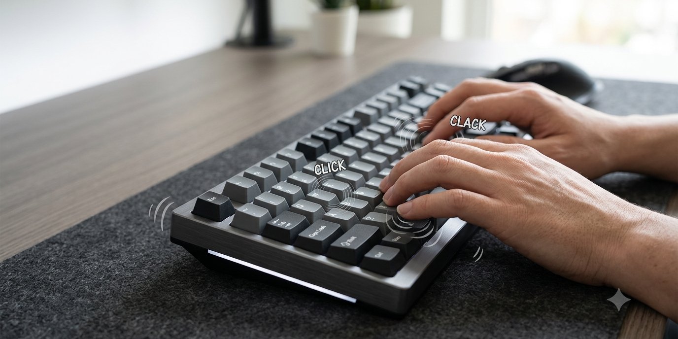 Mechanical keyboard sounds with hands typing and click sound effects