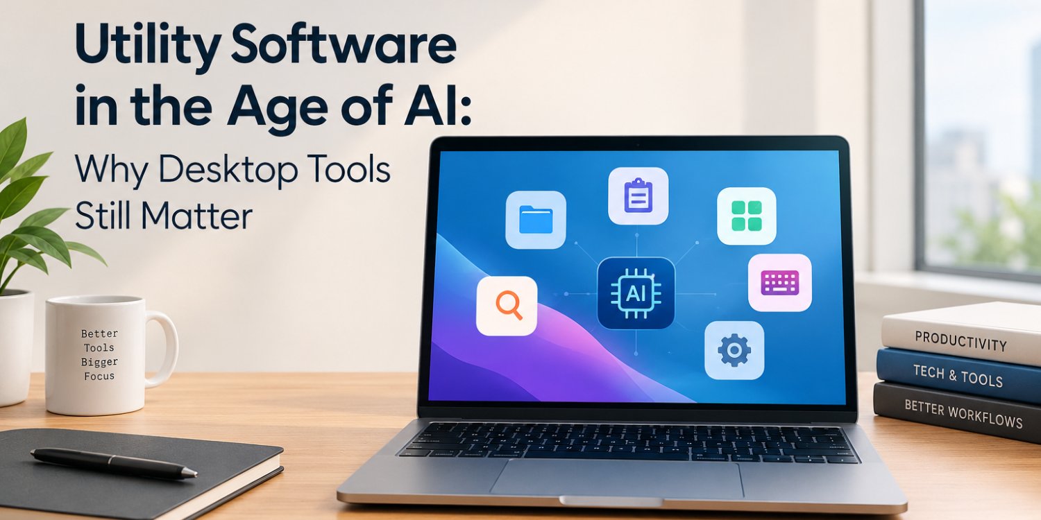 Utility software in the age of AI showing desktop tools for files, productivity and everyday workflows.