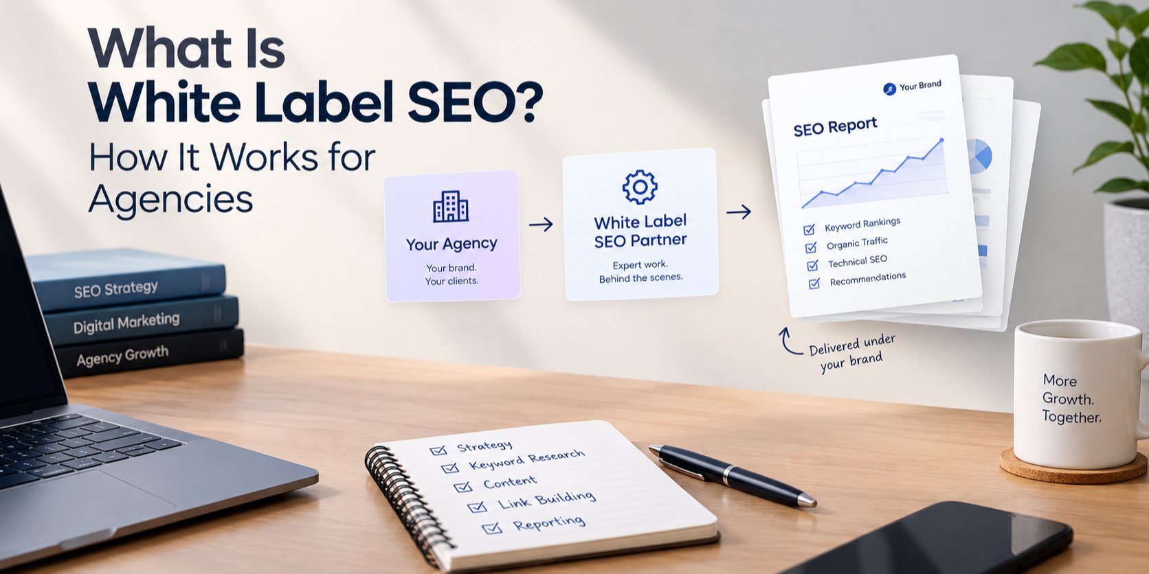 An agency workspace with a white label SEO partner preparing branded on-page SEO recommendations for a client site.